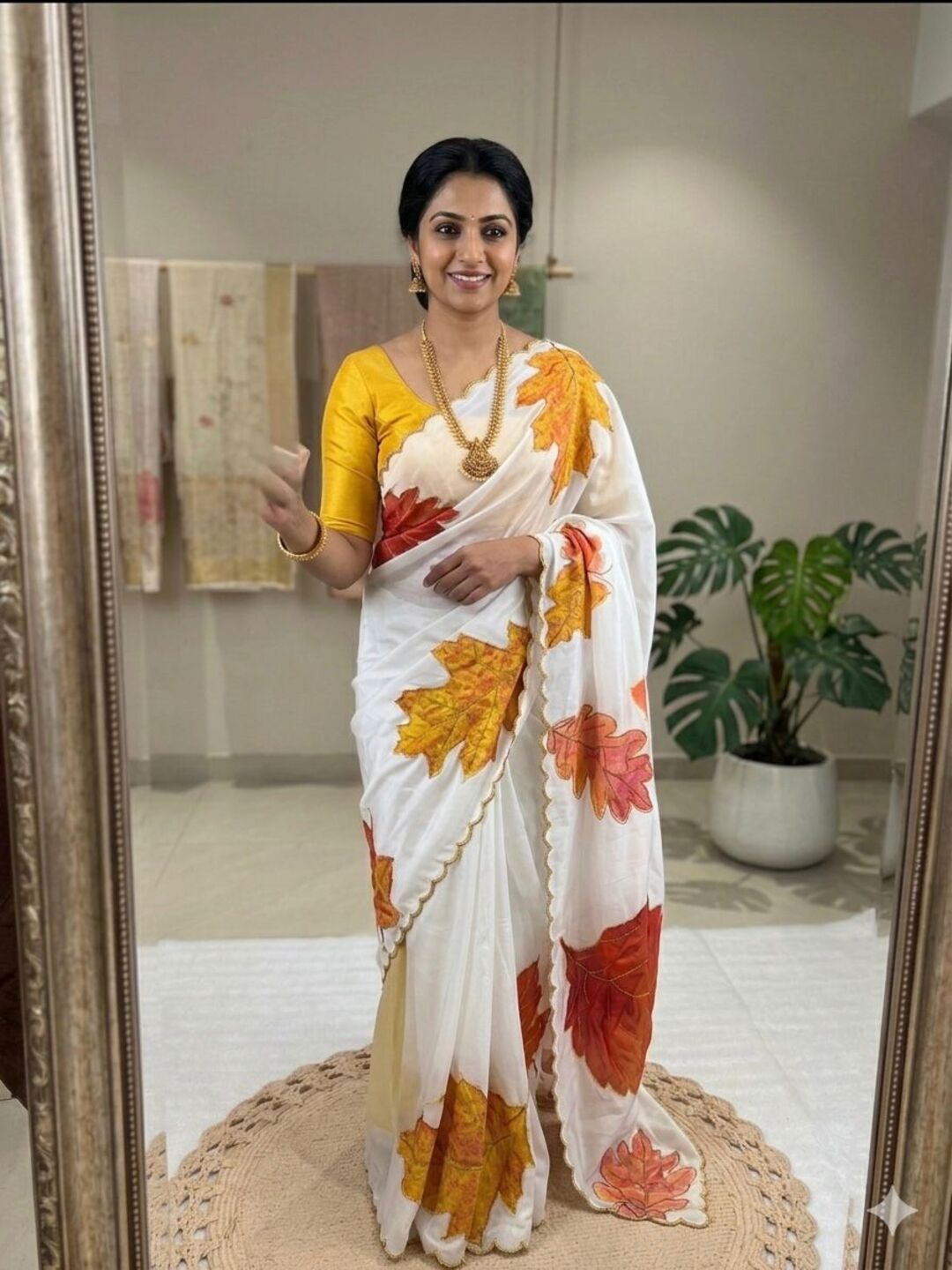 Soft Tabi Silk Ivory Saree with Autumn Leaf Print & Mustard Blouse