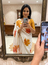 Soft Tabi Silk Ivory Saree with Autumn Leaf Print & Mustard Blouse