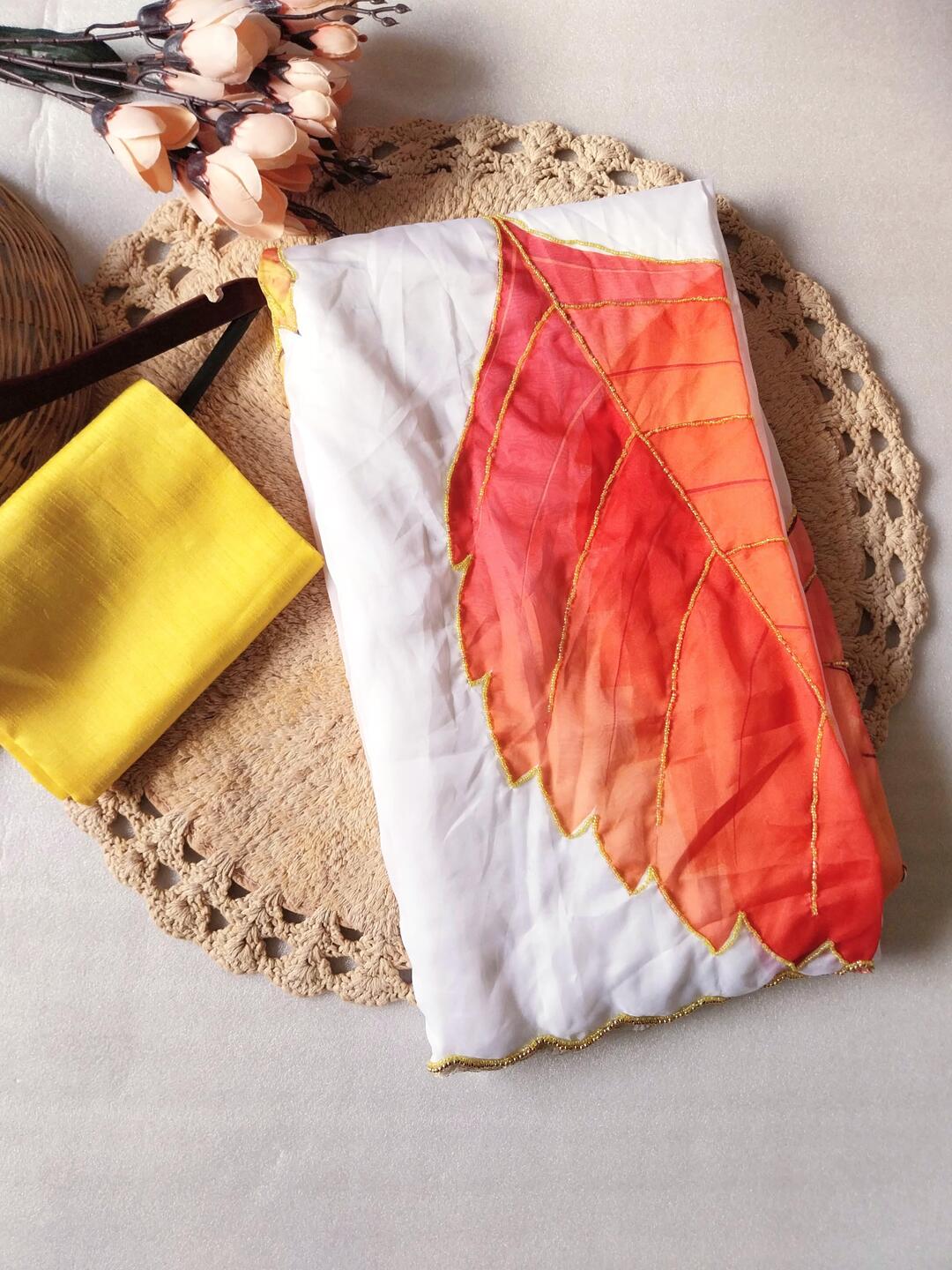 Soft Tabi Silk Ivory Saree with Autumn Leaf Print & Mustard Blouse