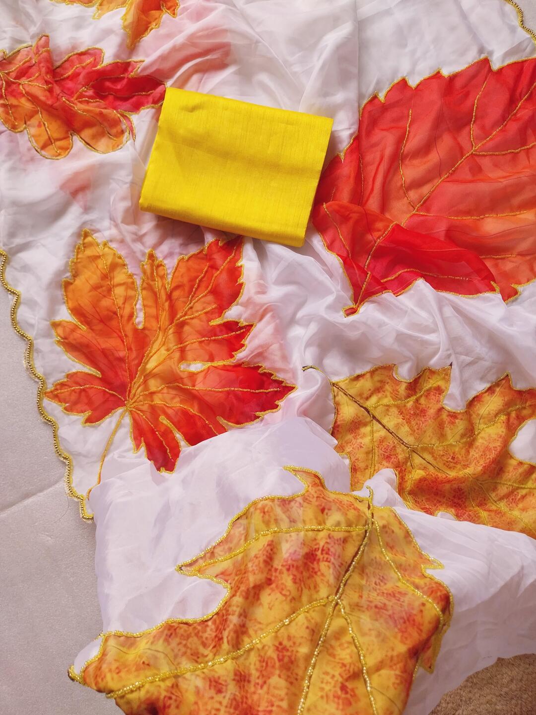 Soft Tabi Silk Ivory Saree with Autumn Leaf Print & Mustard Blouse