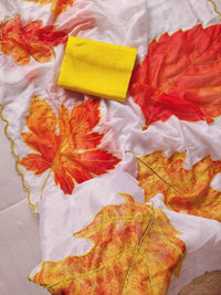 Soft Tabi Silk Ivory Saree with Autumn Leaf Print & Mustard Blouse