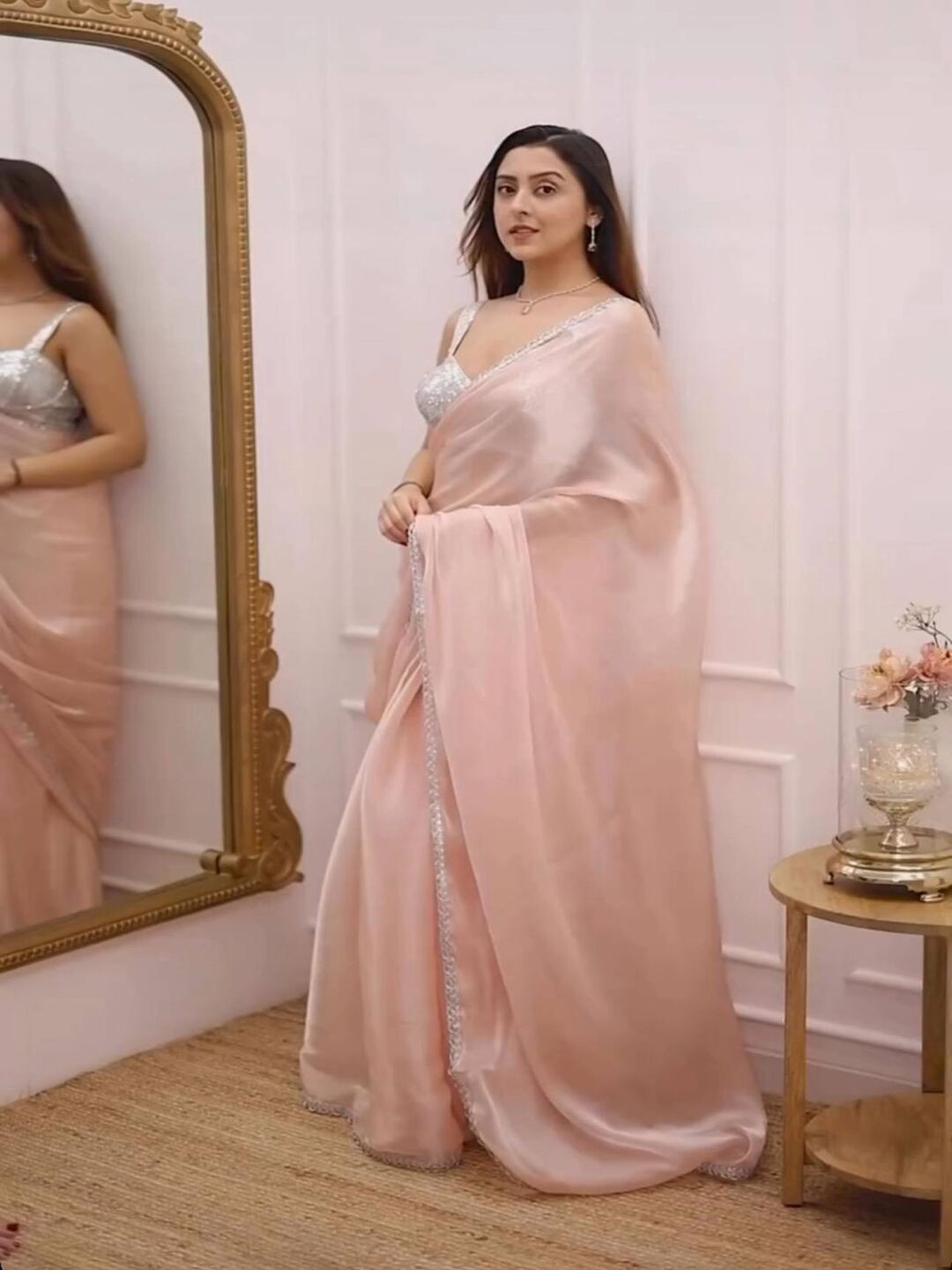 Elegant Peach Organza Pre Drapped Saree with Sequin Border