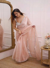 Elegant Peach Organza Pre Drapped Saree with Sequin Border