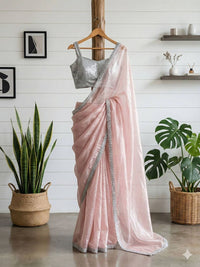 Elegant Peach Organza Pre Drapped Saree with Sequin Border