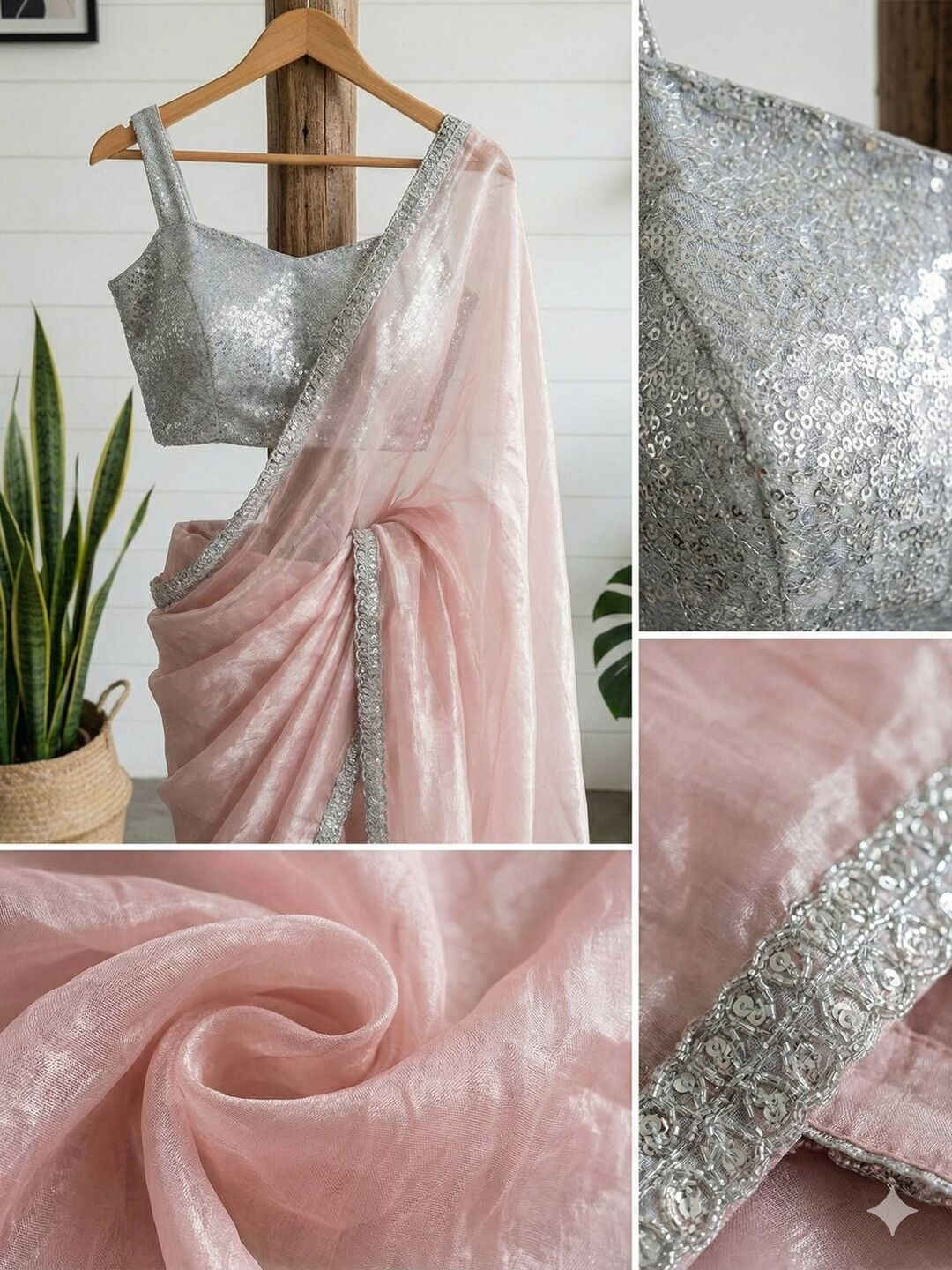 Elegant Peach Organza Pre Drapped Saree with Sequin Border