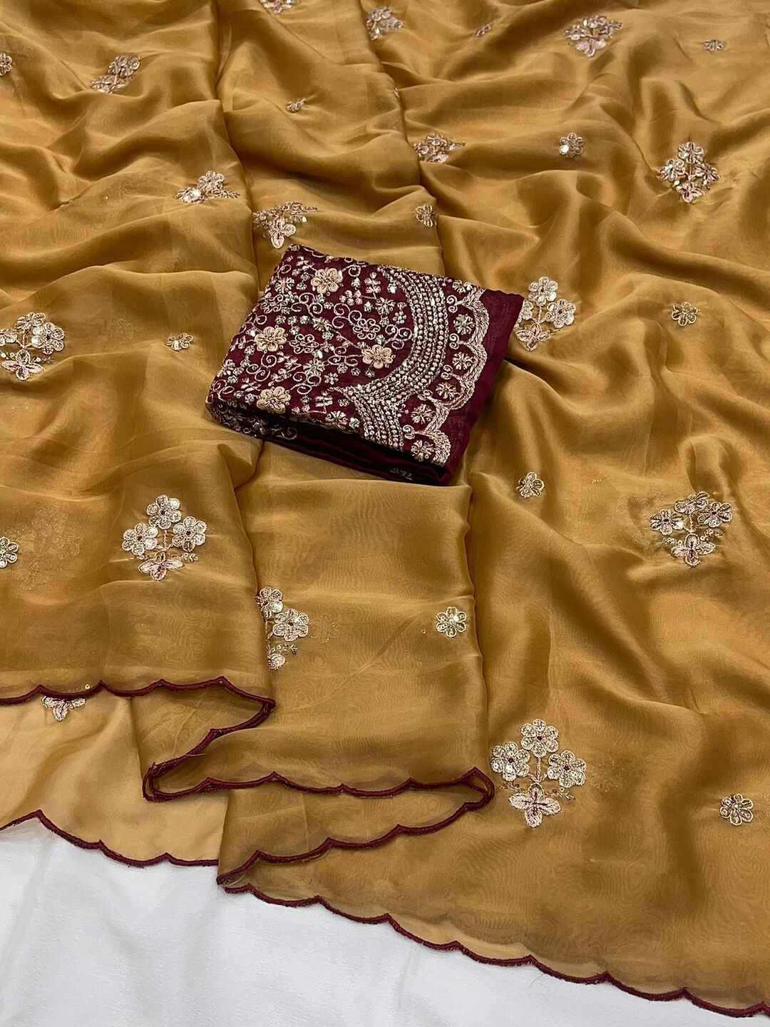 Elegant Mustard Rangoli Tissue Saree with Multi Embroidery Work