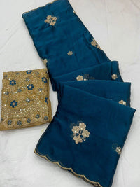 Elegant Mustard Rangoli Tissue Saree with Multi Embroidery Work
