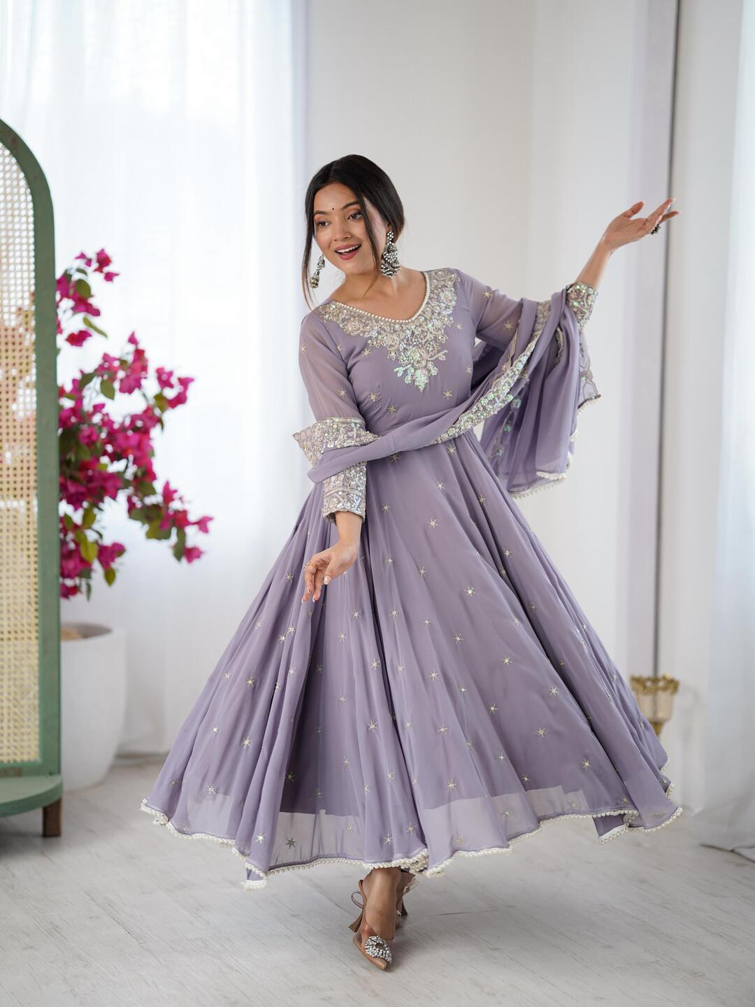 Elegant Lavender Anarkali Suit with Sequin Embroidery & Matching Dupatta