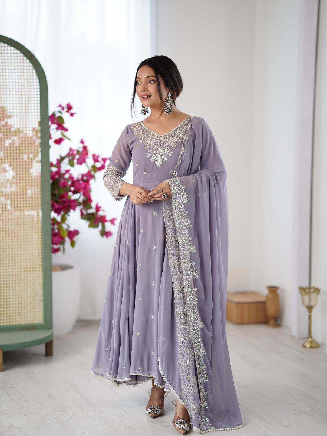 Elegant Lavender Anarkali Suit with Sequin Embroidery & Matching Dupatta