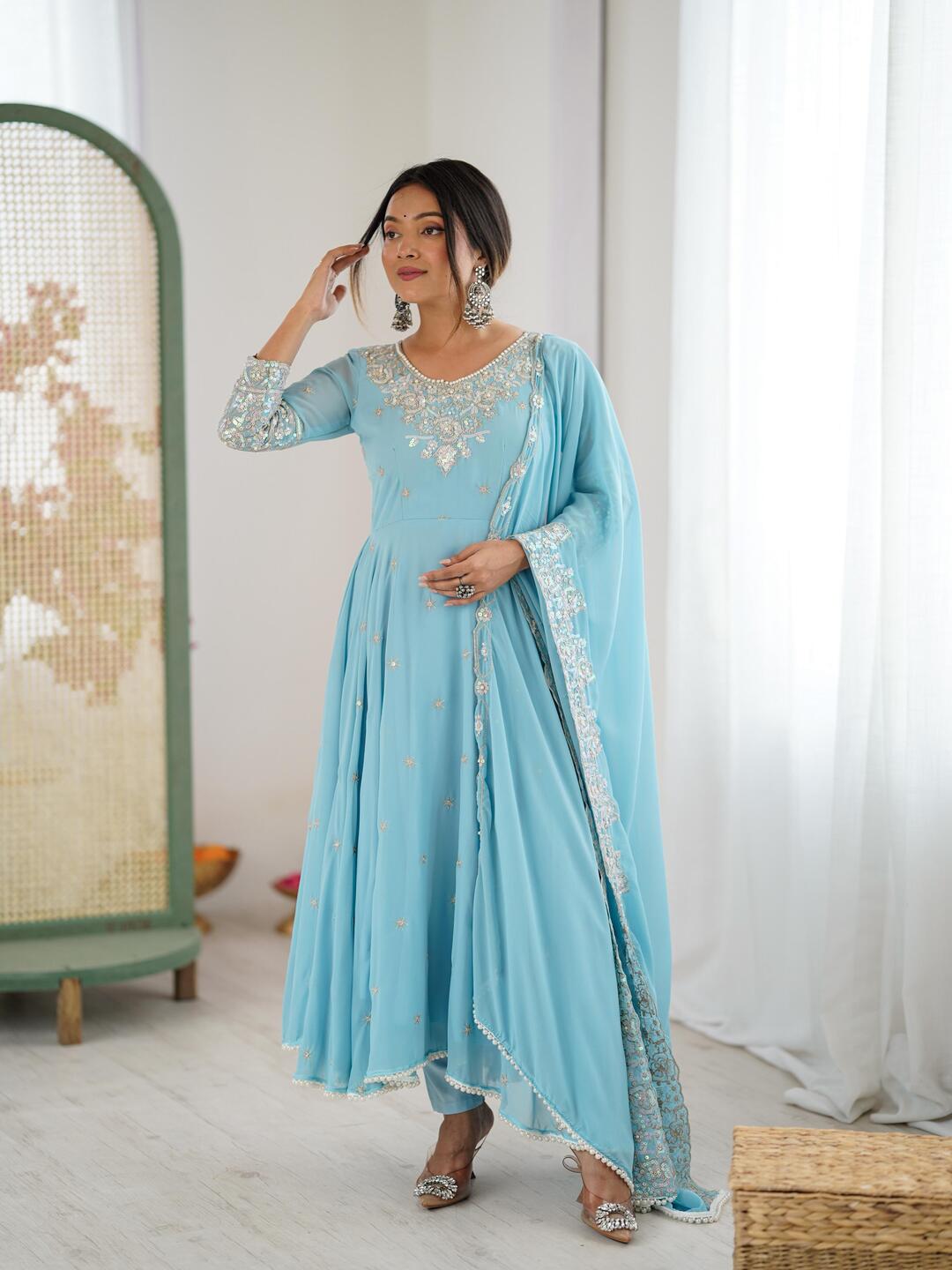 Elegant Lavender Anarkali Suit with Sequin Embroidery & Matching Dupatta
