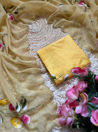 Elegant Golden Organza Saree with Floral Embroidery & Designer Blouse