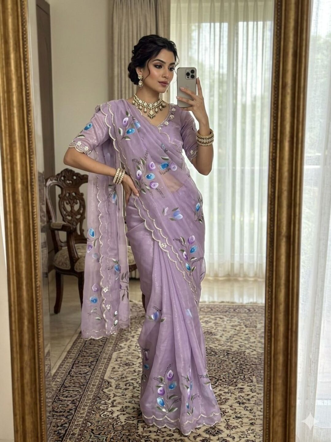 Elegant Golden Organza Saree with Floral Embroidery & Designer Blouse