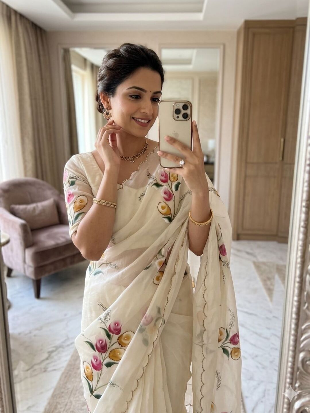 Elegant Golden Organza Saree with Floral Embroidery & Designer Blouse