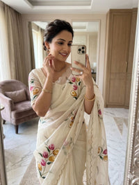 Elegant Golden Organza Saree with Floral Embroidery & Designer Blouse