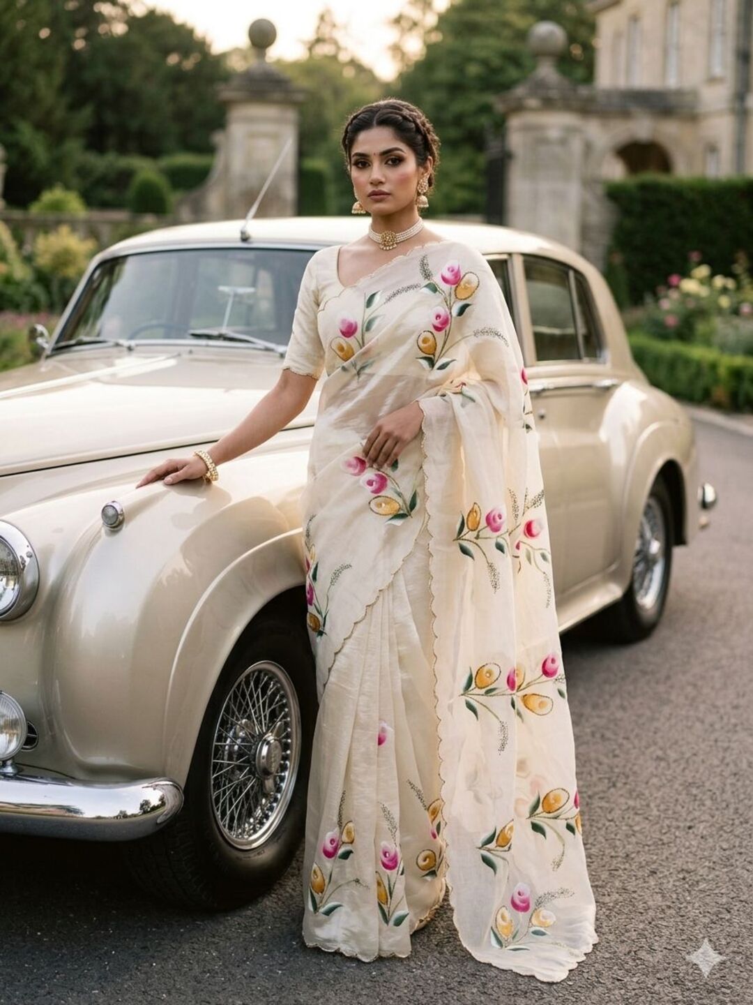 Elegant Golden Organza Saree with Floral Embroidery & Designer Blouse