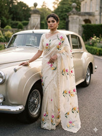 Elegant Golden Organza Saree with Floral Embroidery & Designer Blouse