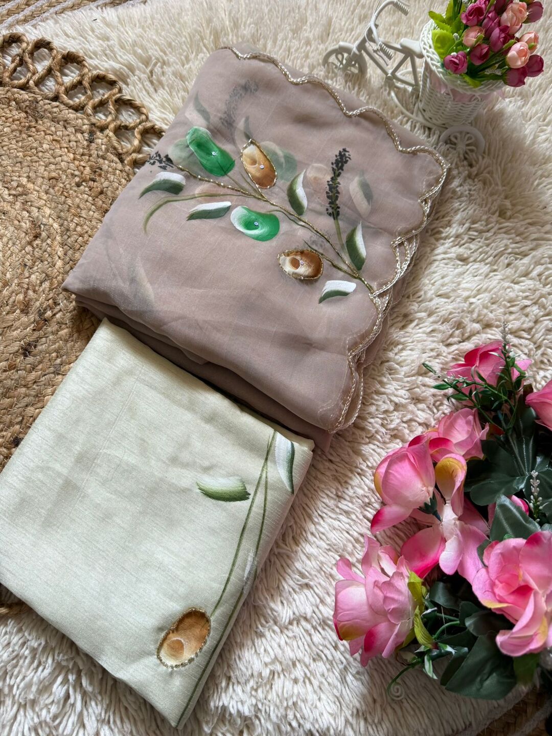 Elegant Golden Organza Saree with Floral Embroidery & Designer Blouse