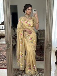 Elegant Golden Organza Saree with Floral Embroidery & Designer Blouse