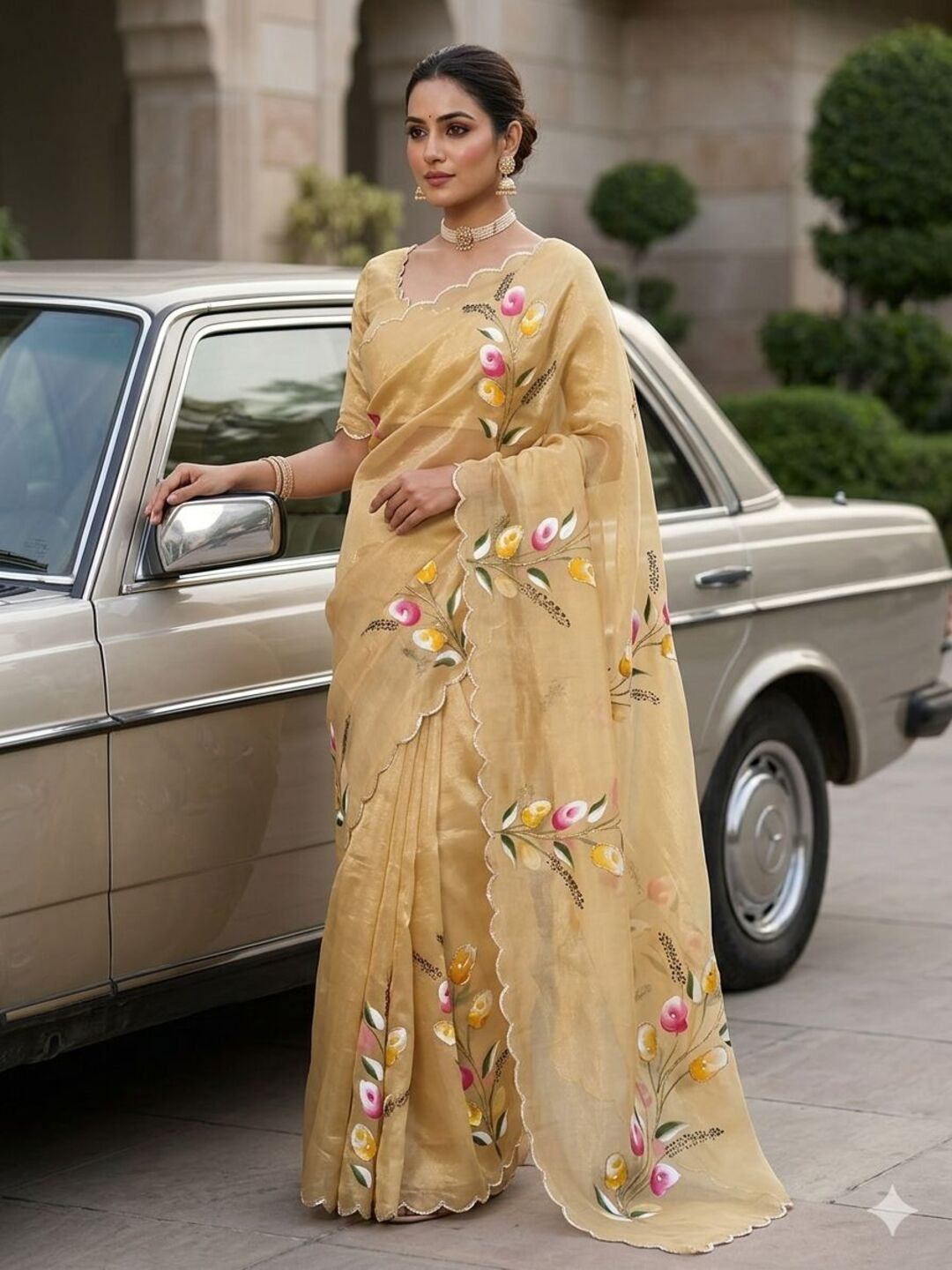 Elegant Golden Organza Saree with Floral Embroidery & Designer Blouse