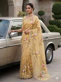 Elegant Golden Organza Saree with Floral Embroidery & Designer Blouse