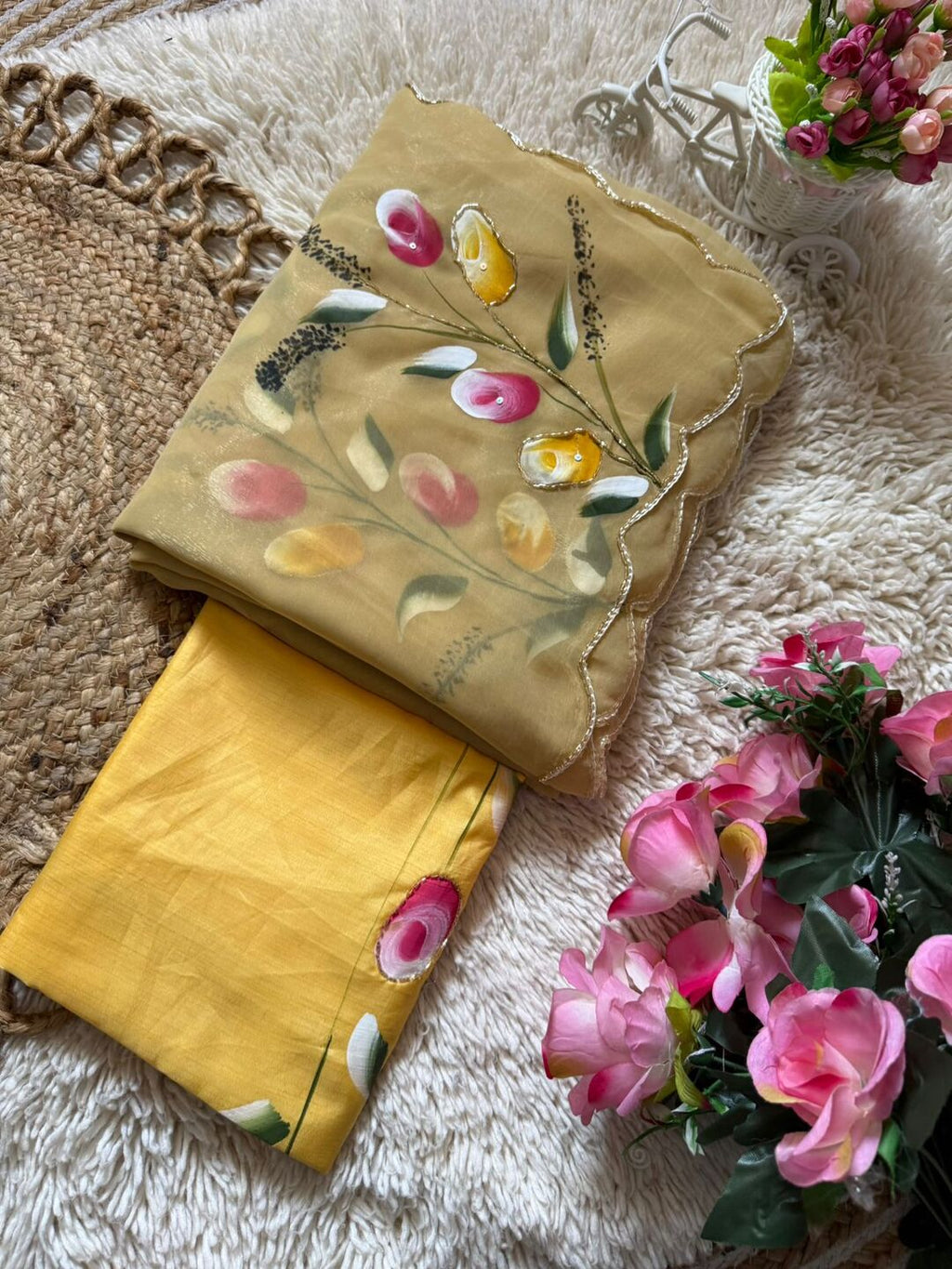 Elegant Golden Organza Saree with Floral Embroidery & Designer Blouse
