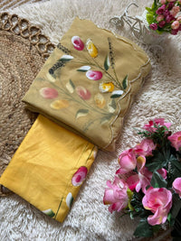 Elegant Golden Organza Saree with Floral Embroidery & Designer Blouse