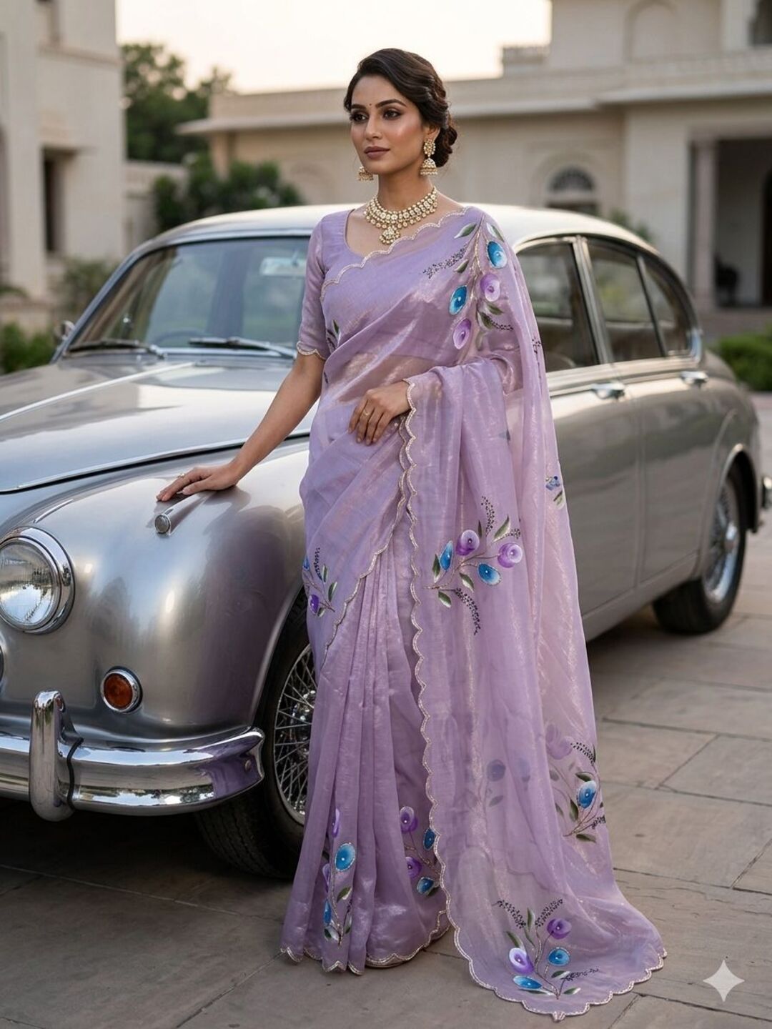 Elegant Golden Organza Saree with Floral Embroidery & Designer Blouse