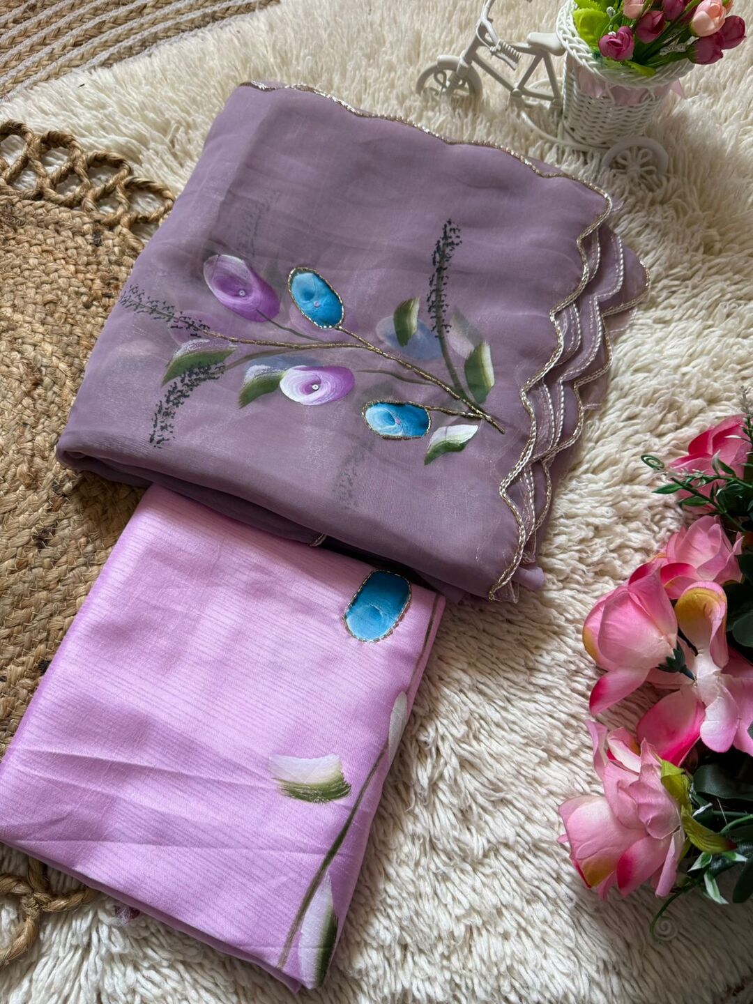 Elegant Golden Organza Saree with Floral Embroidery & Designer Blouse