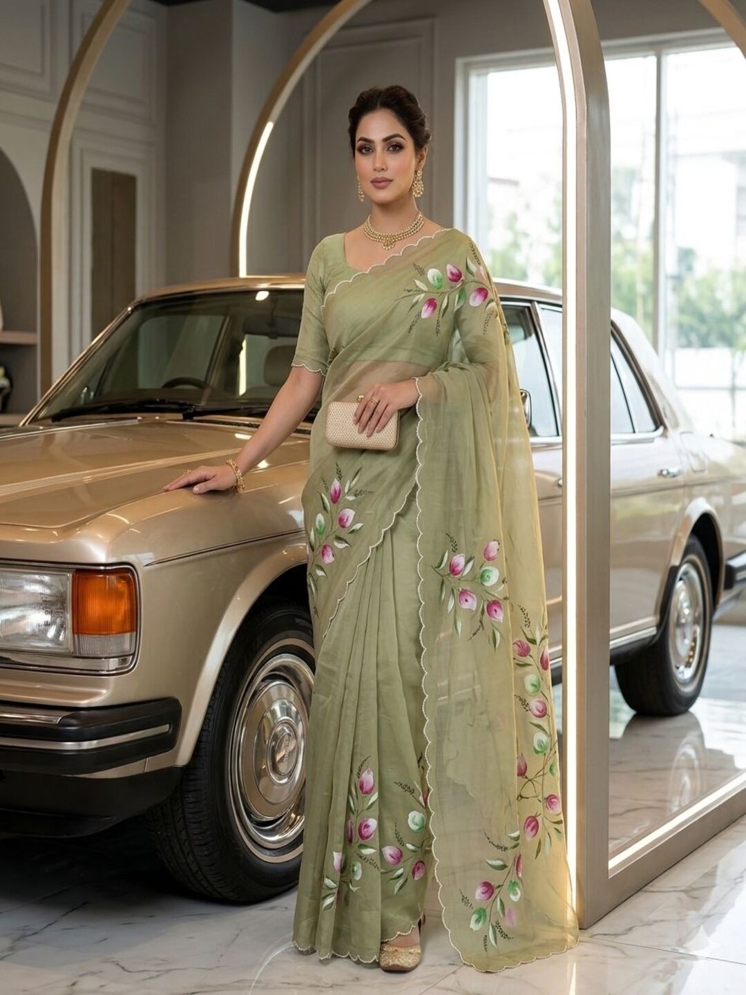 Elegant Golden Organza Saree with Floral Embroidery & Designer Blouse