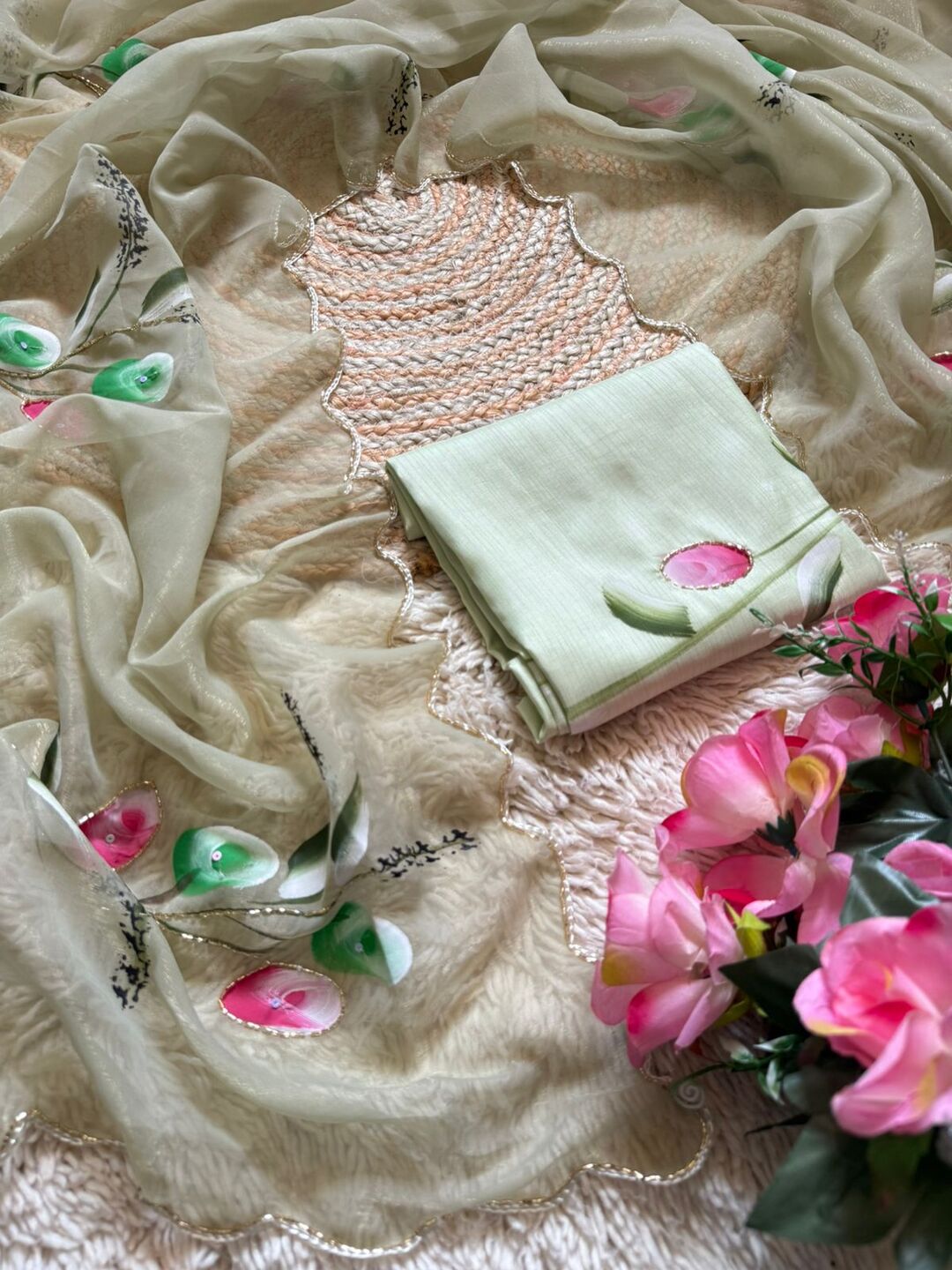 Elegant Golden Organza Saree with Floral Embroidery & Designer Blouse