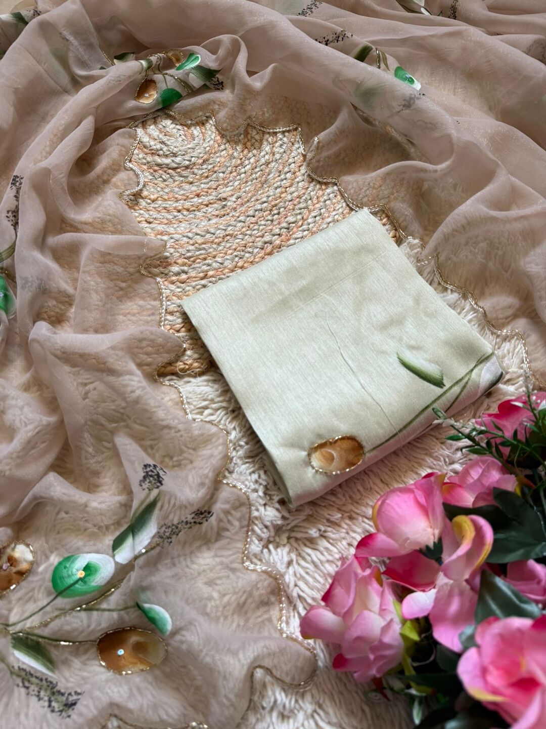 Elegant Golden Organza Saree with Floral Embroidery & Designer Blouse