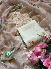 Elegant Golden Organza Saree with Floral Embroidery & Designer Blouse