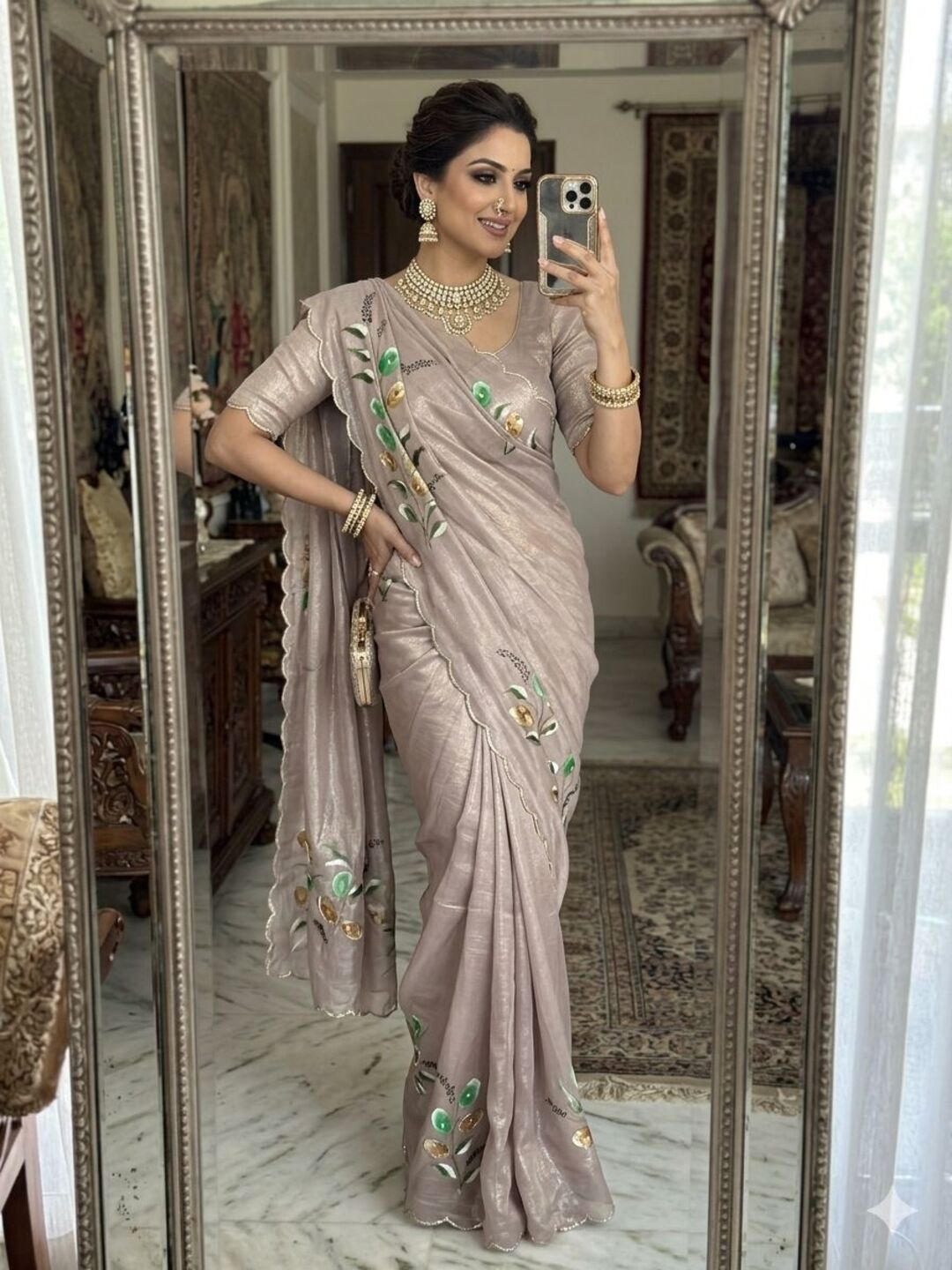Elegant Golden Organza Saree with Floral Embroidery & Designer Blouse