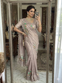 Elegant Golden Organza Saree with Floral Embroidery & Designer Blouse