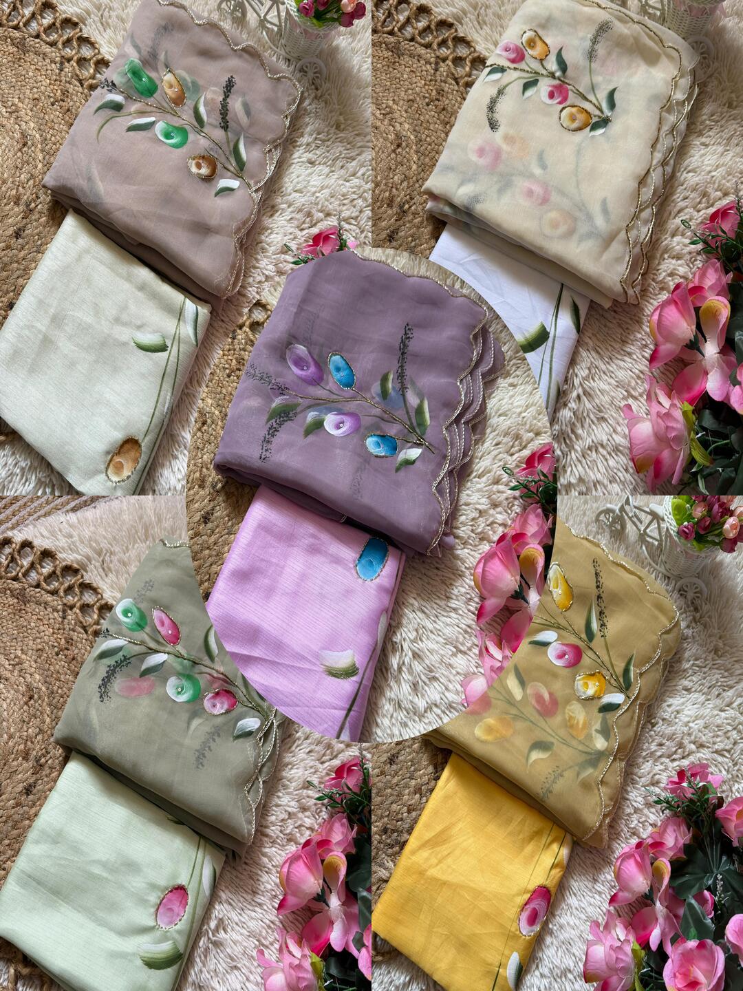 Elegant Golden Organza Saree with Floral Embroidery & Designer Blouse