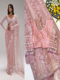 Elegant Powder Pink Tulle Saree with Feather Detailing