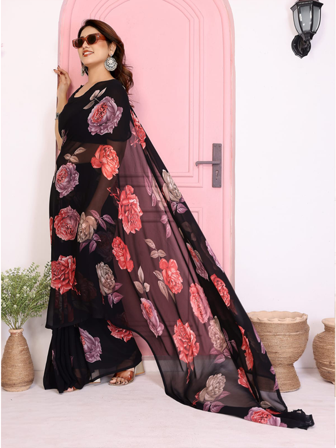 Elegant Black Floral Printed Chiffon Saree with Flower Design – Stylish Party & Casual Wear