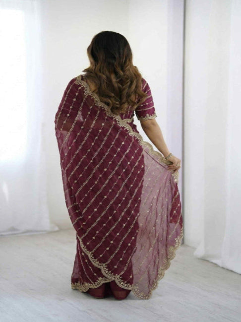 Maroon Embroidered Georgette Saree with Golden Zari Border