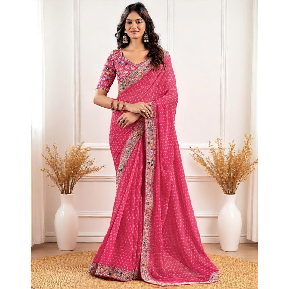 Pink Georgette Bandhani Print Saree