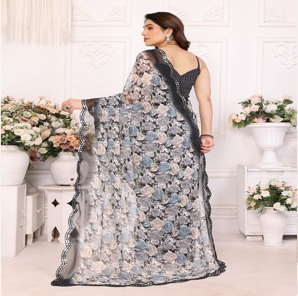 Elegant Black & Grey Floral Printed Saree with Designer Border – Party & Festive Wear
