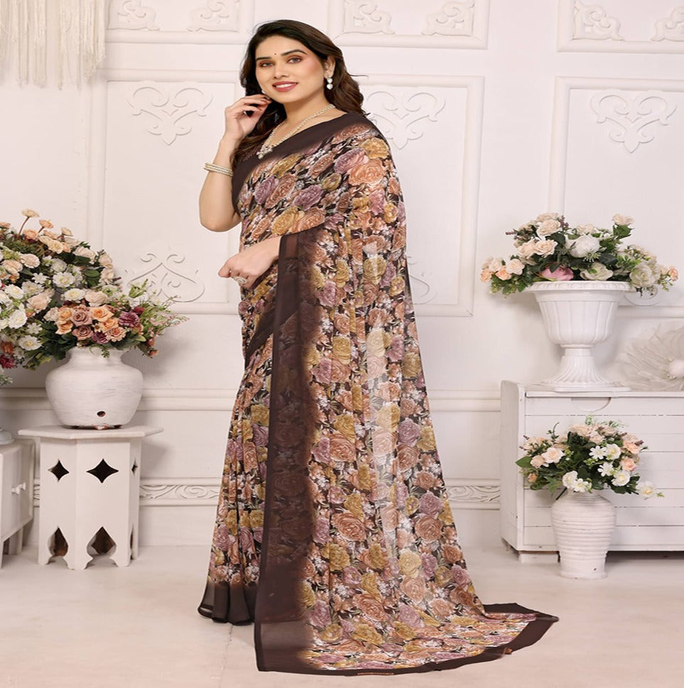 Elegant Black Floral Printed Chiffon Saree with Stylish Border – Party & Festive Wear
