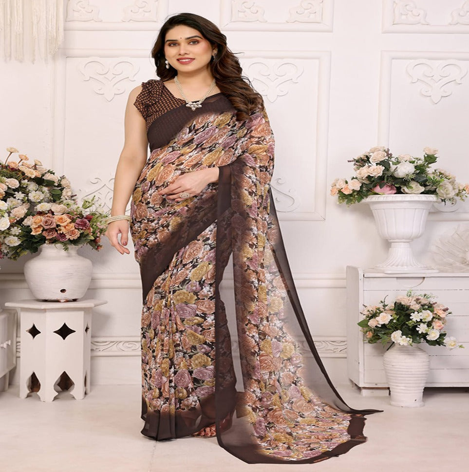 Elegant Black Floral Printed Chiffon Saree with Stylish Border – Party & Festive Wear