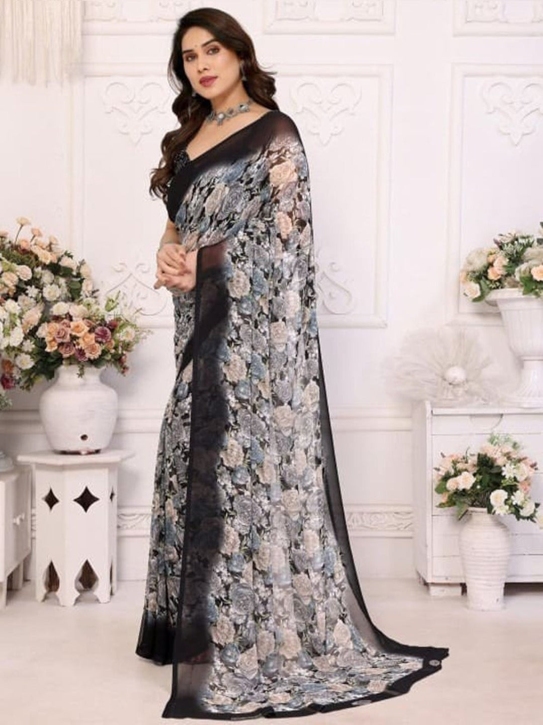 Elegant Black Floral Printed Chiffon Saree with Stylish Border – Party & Festive Wear