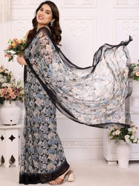 Elegant Black Floral Printed Chiffon Saree with Stylish Border – Party & Festive Wear