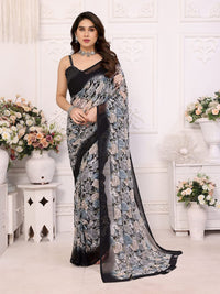 Elegant Black Floral Printed Chiffon Saree with Stylish Border – Party & Festive Wear