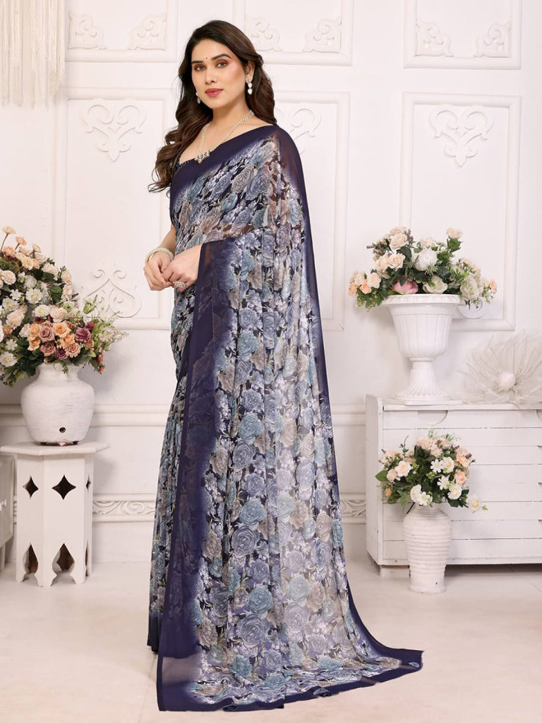 Elegant Black Floral Printed Chiffon Saree with Stylish Border – Party & Festive Wear