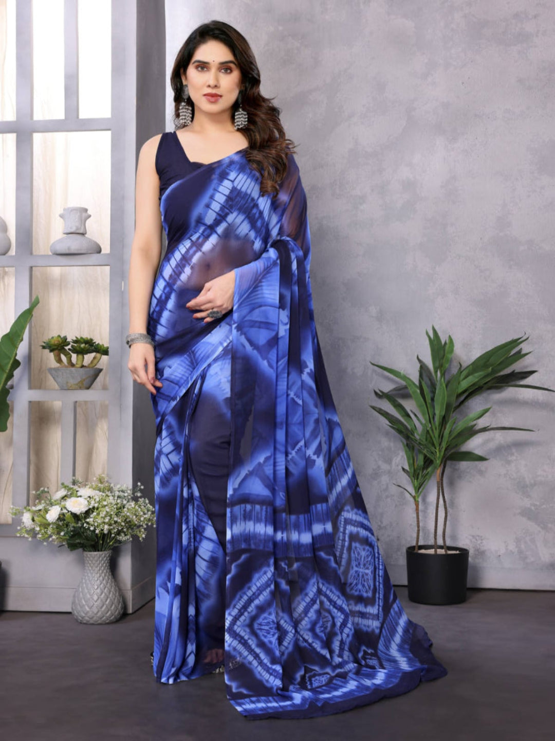Elegant Royal Blue Tie-Dye Printed Saree – Stylish Party & Casual Wear