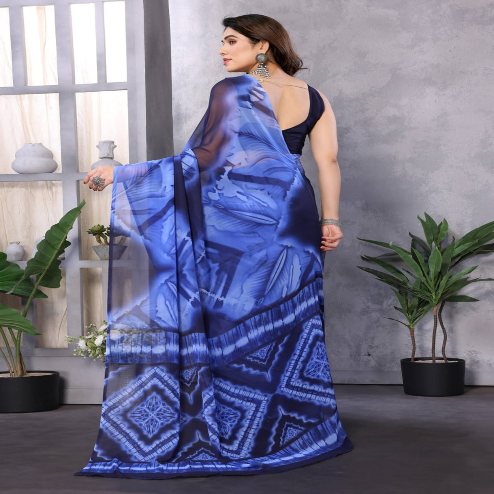 Elegant Royal Blue Tie-Dye Printed Saree – Stylish Party & Casual Wear
