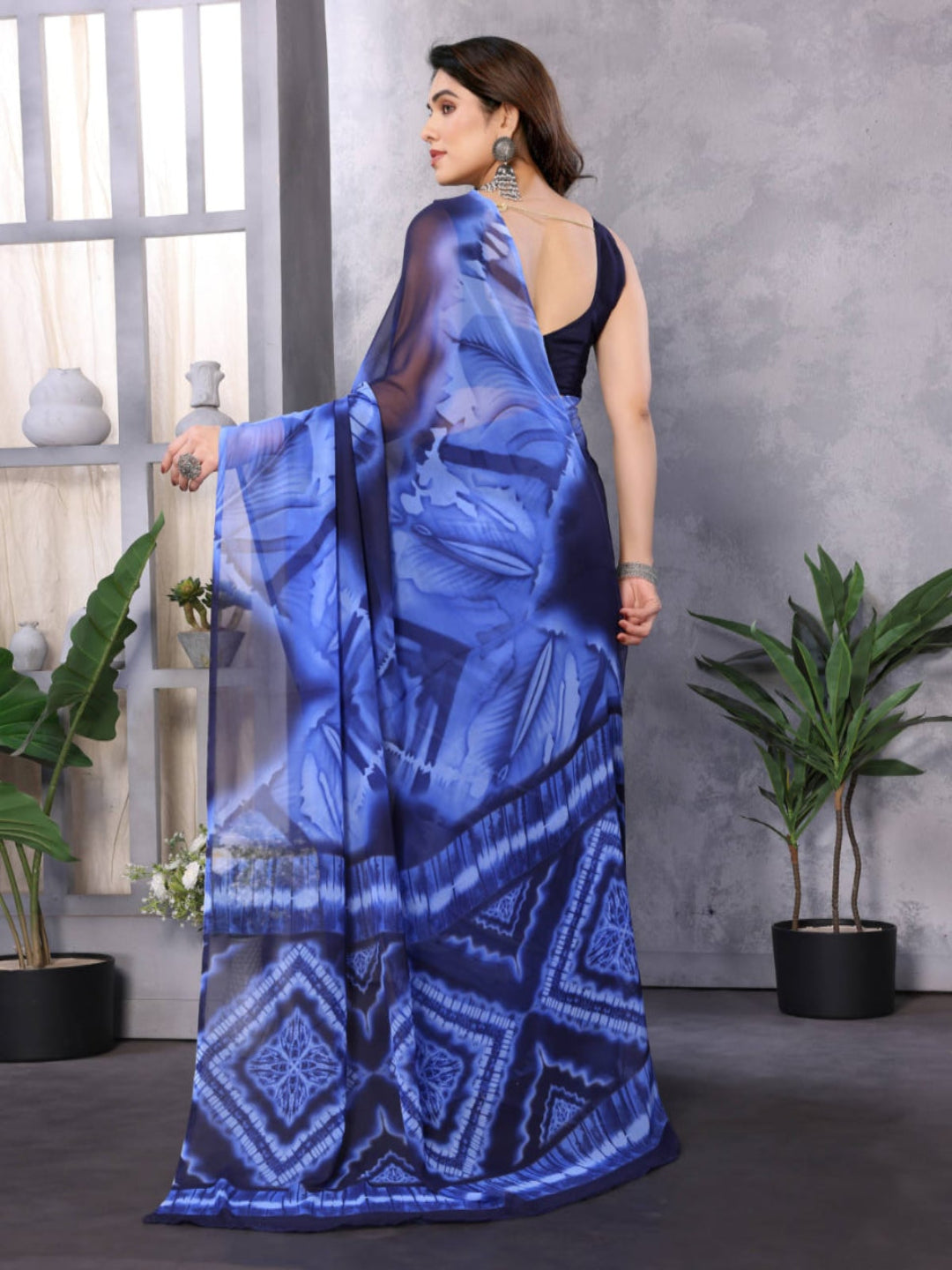 Elegant Royal Blue Tie-Dye Printed Saree – Stylish Party & Casual Wear