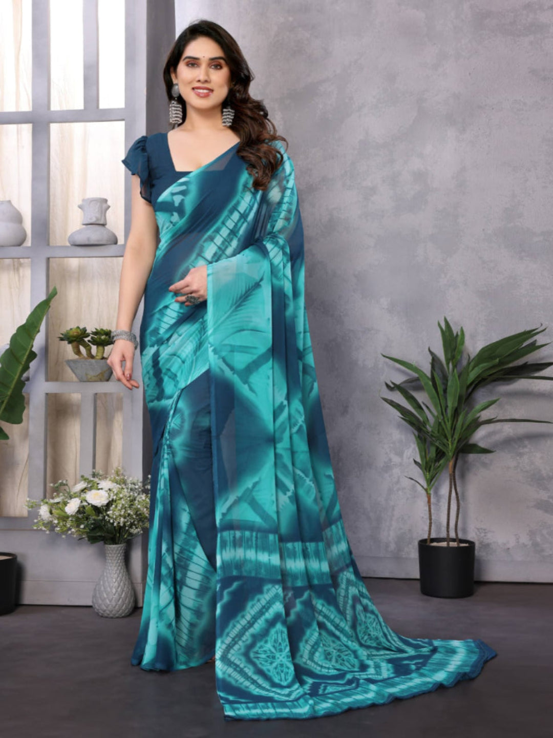 Elegant Royal Blue Tie-Dye Printed Saree – Stylish Party & Casual Wear